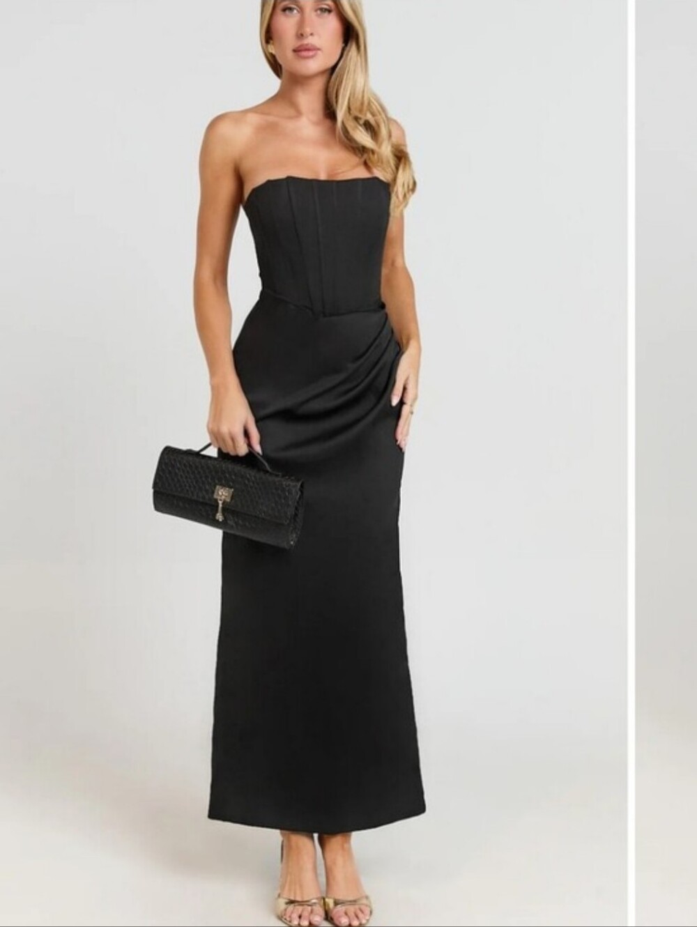 Showpo Avery Midi Dress Strapless Draped Side Split Black Dress Size 16 New